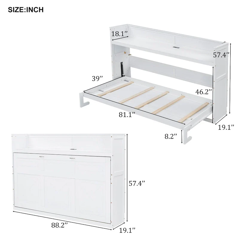 Twin XL Size Murphy Bed with Desk & LED Light, Solid Wood Bed Frame with USB Charging Station, for Small Spaces and Home Offices