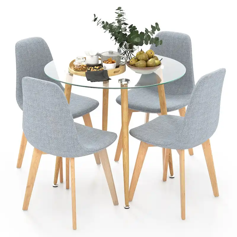 Gymax 5 PCS Dining Set Round Tempered Glass Table 4 Fabric Chairs