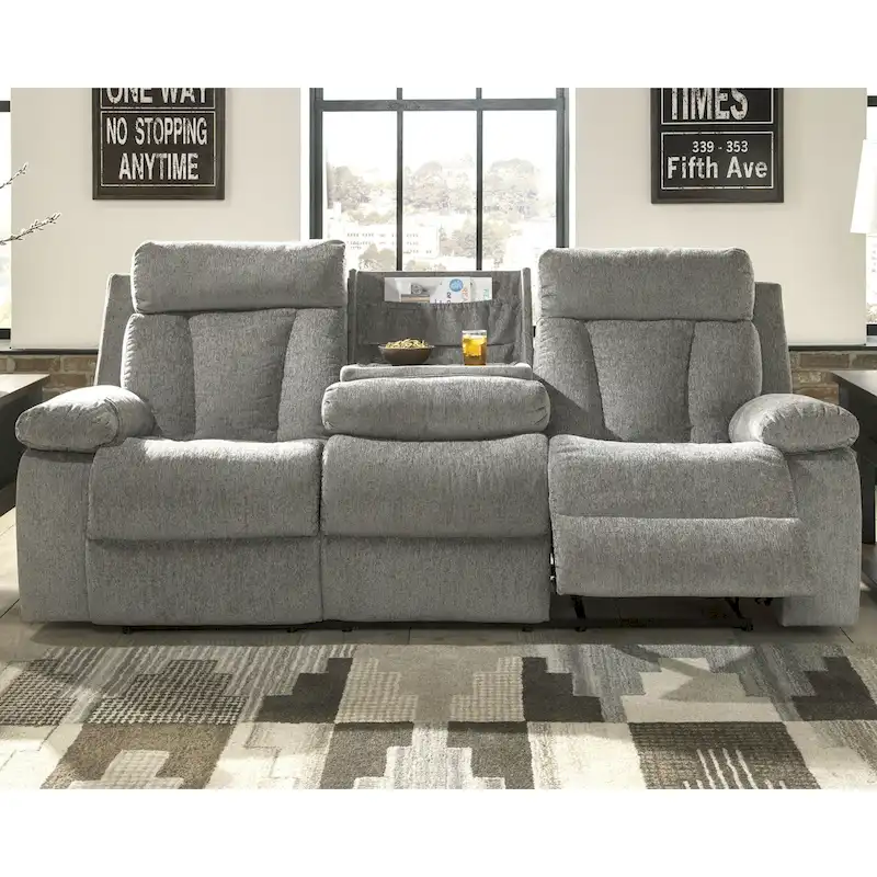 Mitchiner Gray Contemporary Reclining Sofa with Drop Down Table