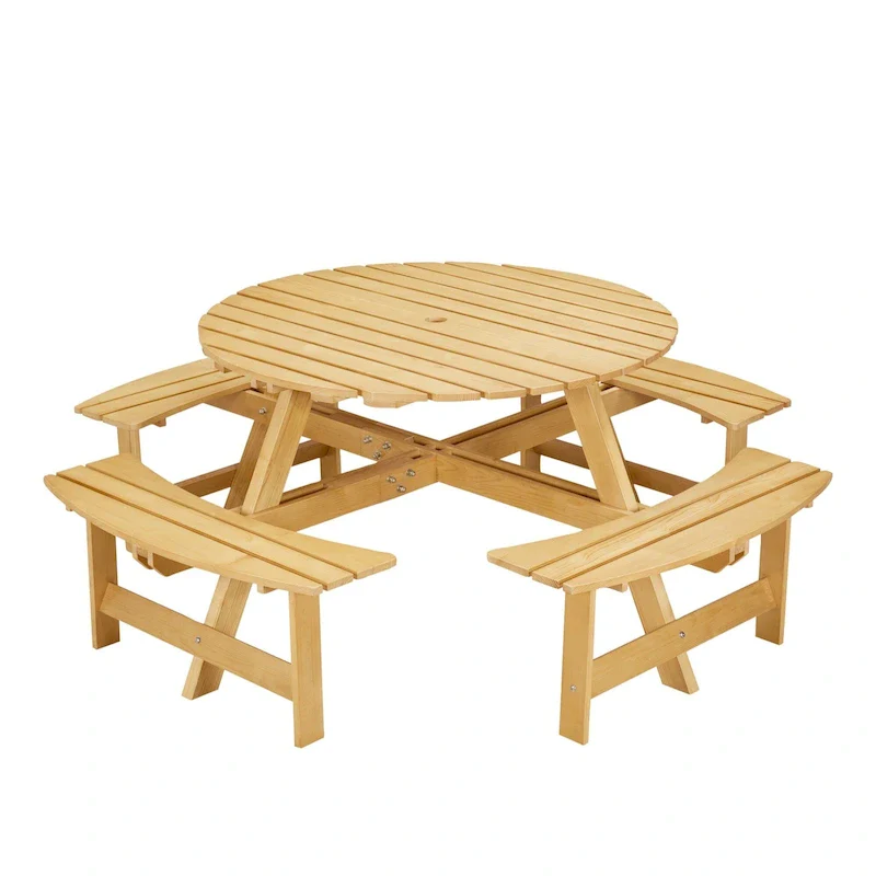 8-Person Round Outdoor Picnic Table with 4 Double Benches