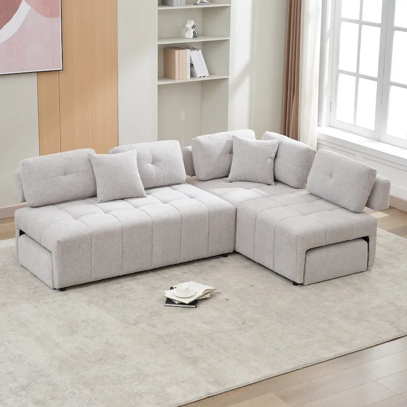 91.73 L-Shaped 4-Seat Sectional Sofa with 2 Hidden Stools, 2 Removable Lumbar Cushions, and Durable Chenille Fabric