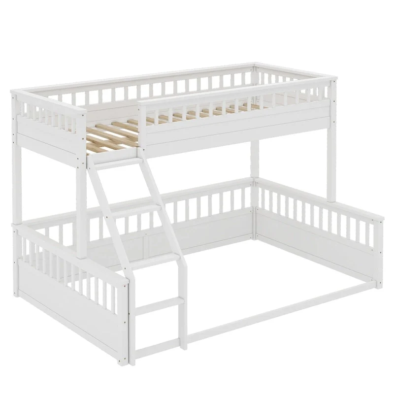 Twin XL over Queen Bunk Bed with Ladder and Guardrails, White