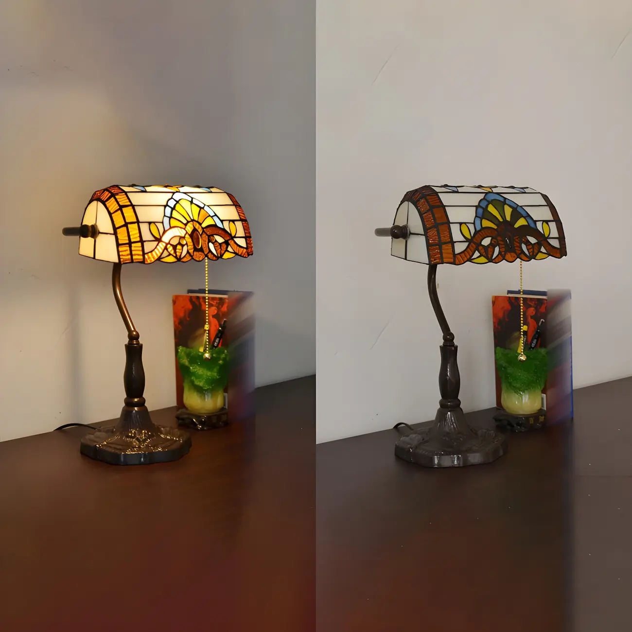 HomeyFad Retro Stained Glass LED Banker Table Lamp in Pull Chain