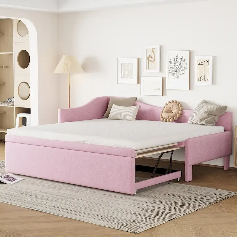 Twin Size Upholstered L-Shaped Upholstered Daybed with Pop Up Trundle, Pink