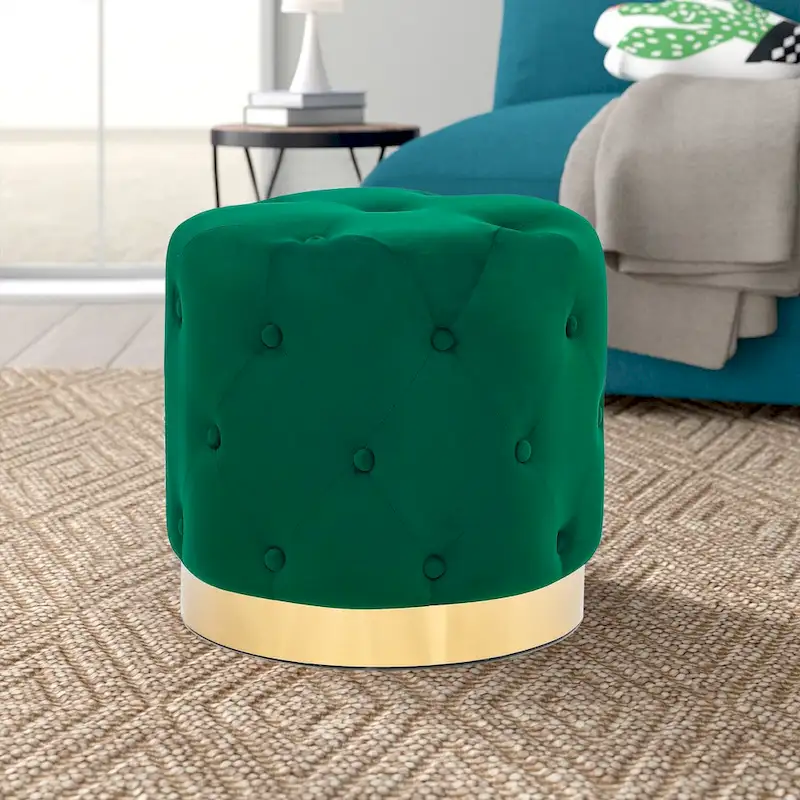 Adeco Round Velvet Ottoman Vanity Footrest Stool Gold Plating Base