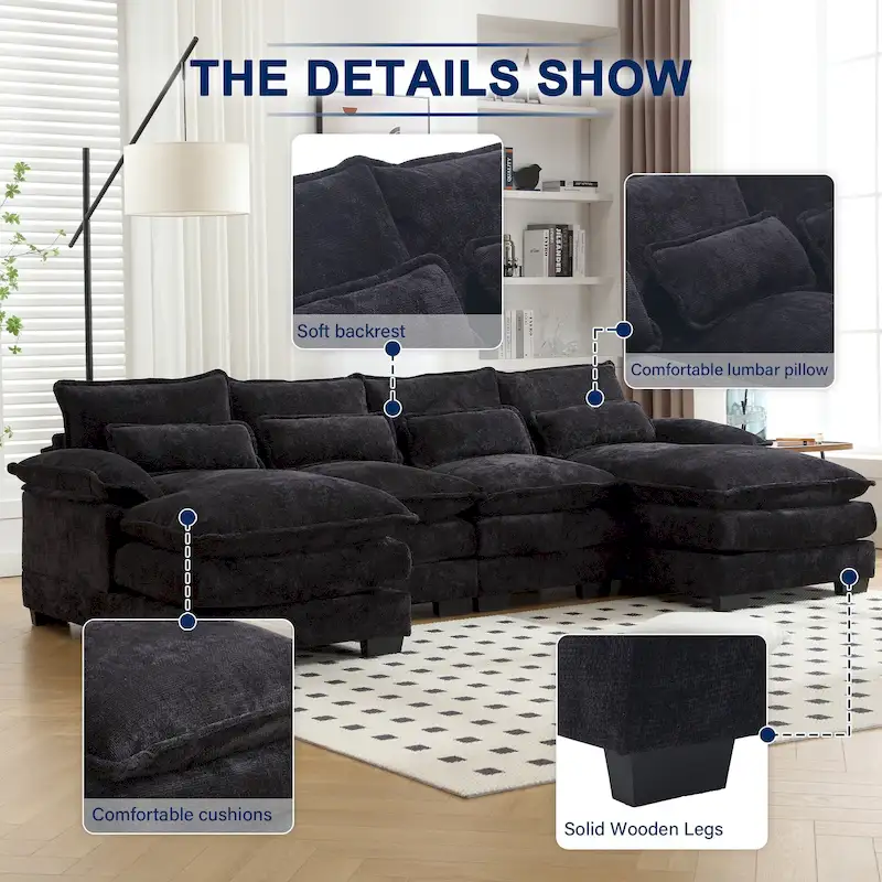 Chenille Upholstered U-Shaped Living Room Sectional Sofa With Wooden Legs