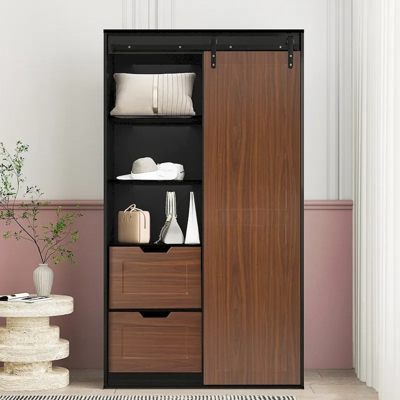 Sliding Barn Door Wardrobe - Black & Brown, 71H, Hanging Rod, Drawers, Floor-to-Ceiling Design
