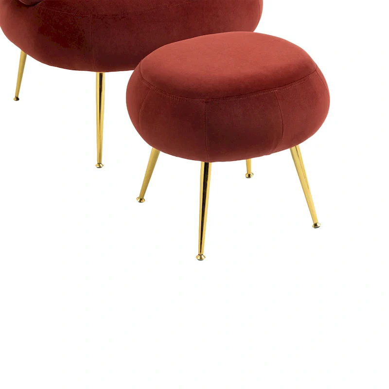 Wine Red Upholstered Barrel Chair with Ottoman and Metal Legs