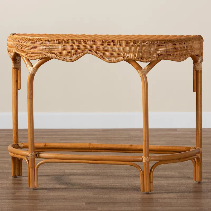 42-Inch Modern Bohemian Natural Rattan Console Table with Half-Moon Top, Scalloped Details for Entryway