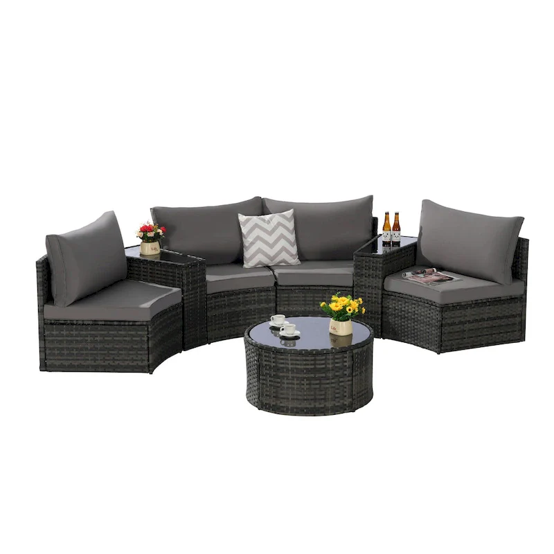 7-Piece Half-Moon Sectional Sofa Set with Glass Table