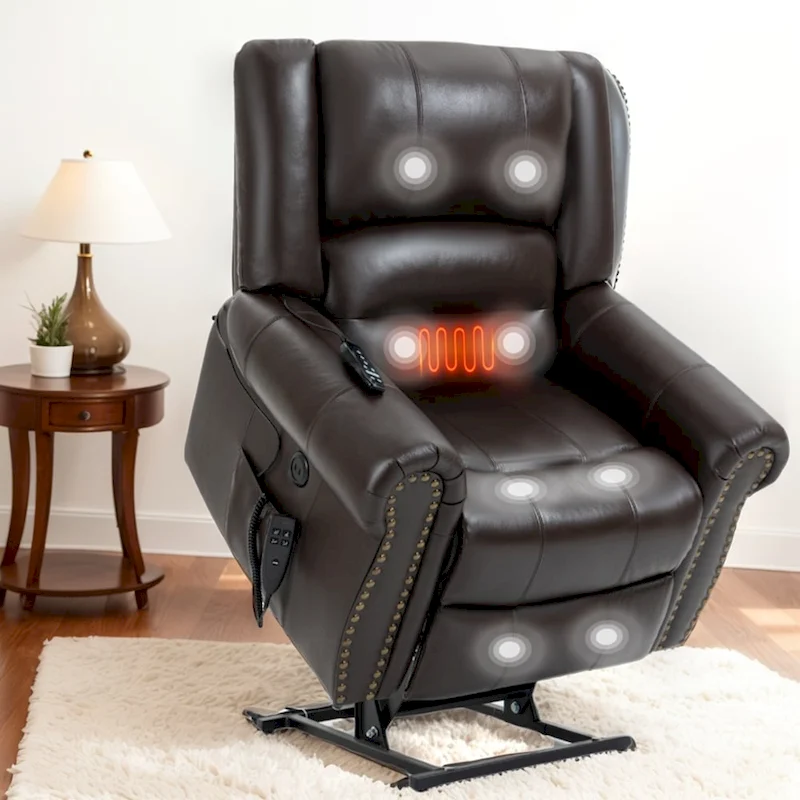 Dual Motor Genuine Leather Lift Recliners, Massage & Heat, USB Ports