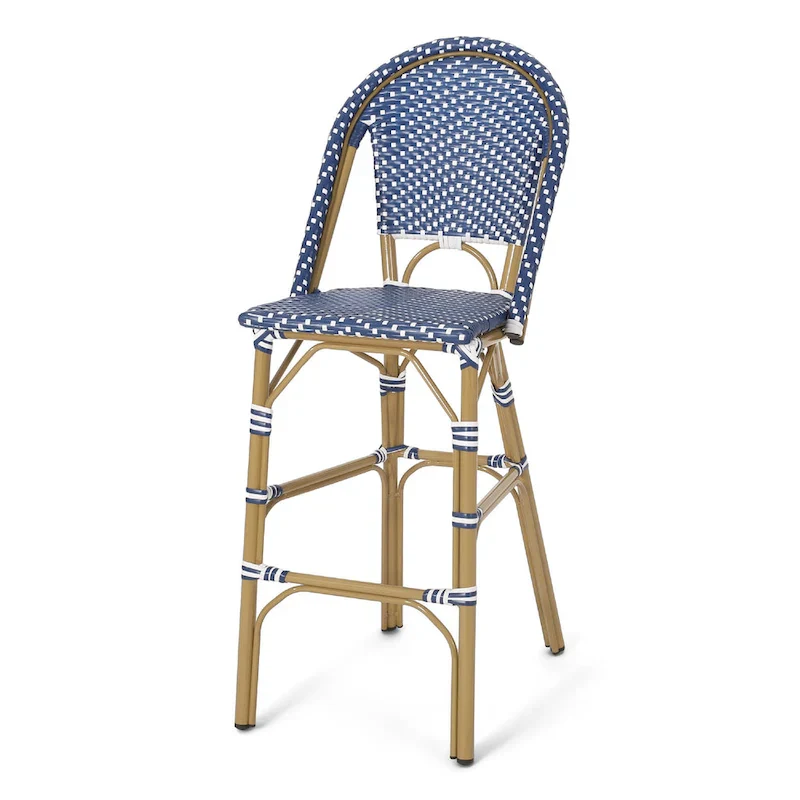Meso Outdoor Barstool Chair Set of 2, White Blue Wicker Woven, Brown