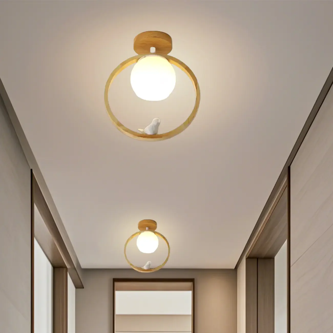 Natural Rubber Wood Cube Shade Semi Flush Ceiling Light