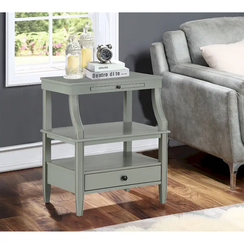 3-Tier Side Table with Drawer & Pull-Out Drink Tray — Navy Blue / Antique Grey / Antique White, 1-Person