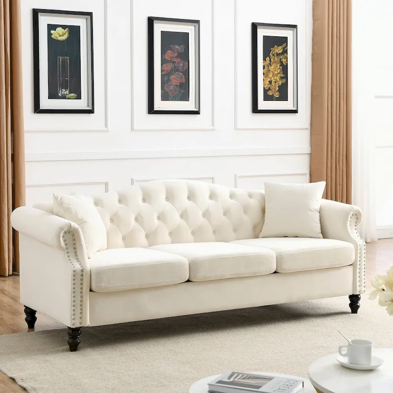 3 Seater Sofa Tufted Couch with Rolled Arms and Nailhead