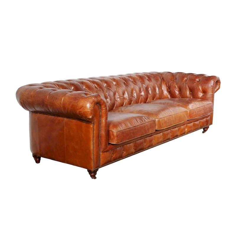 Pasargad Home Paris Club Chesterfield Tufted Sofa, Brown - 28.7 H x 97.2 W x 39 D
