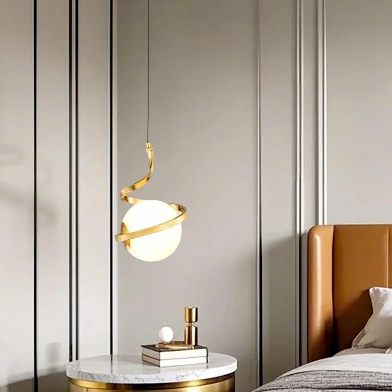 Designer White Ball Pendant Light with Metal Linear for Bedside