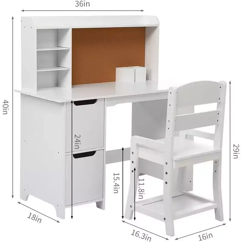 Kids Wooden Study Desk Learn Table Chair Set with Bookshelf, Bulletin Board, and Cabinets,White