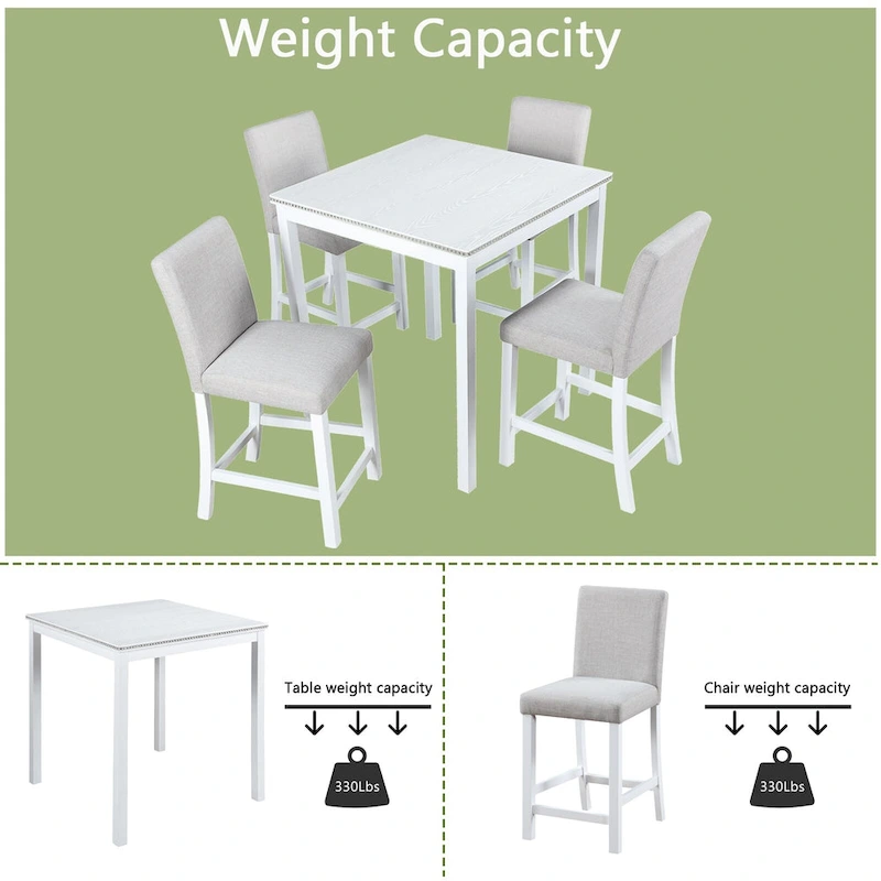 5 Piece Counter Height Table Set, Wooden Kitchen Table Set with Square Table and 4 Upholstered Chairs