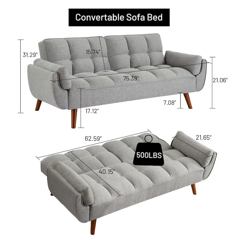 Convertible Futon Sofa Bed, Tufted Linen, Wood Legs, 3-Position Backrest, 500 lbs, Seats 2, Beige/Grey/Green/Yellow