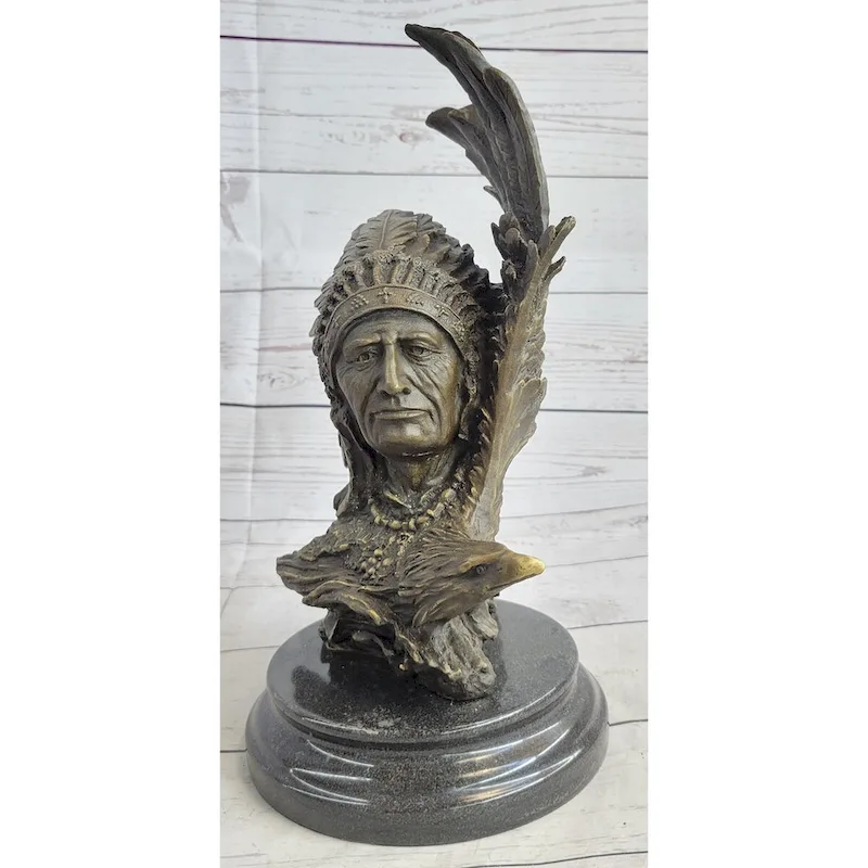 Native American Man Eagle Bronze Metal Bust Sculpture Statue On Marble Base