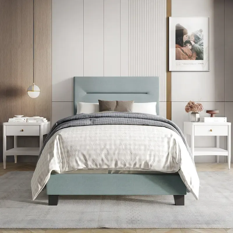 Linen Upholstered Bed, Foam-Padded Headboard, Rubberwood/MDF, Seats 2, Grey/Blue/Beige/Light Blue, Twin/Full/Queen/King