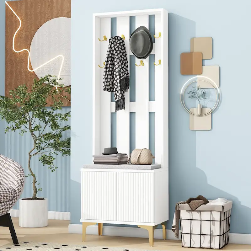 4-in-1 Hall Tree with Cushion, Coat Rack with 8 Gold Hooks and Legs, Entryway Bench with Adjustable Shelves & Fluted Doors