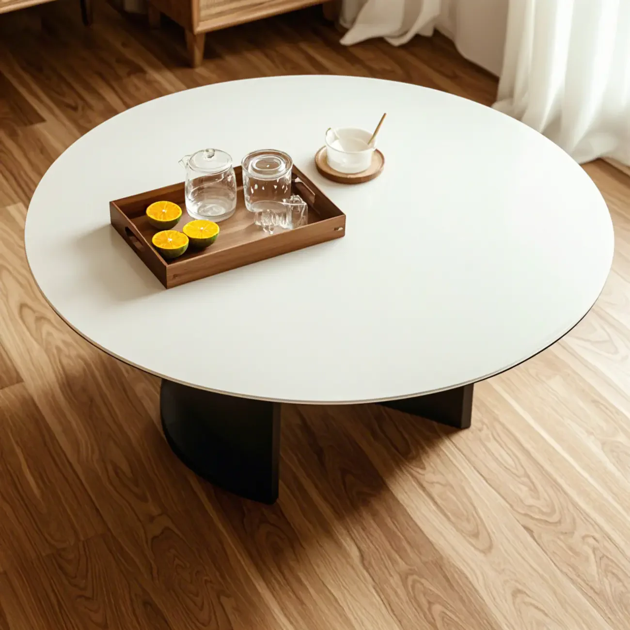 Modern Travertine White Round Coffee Table with Unique Base