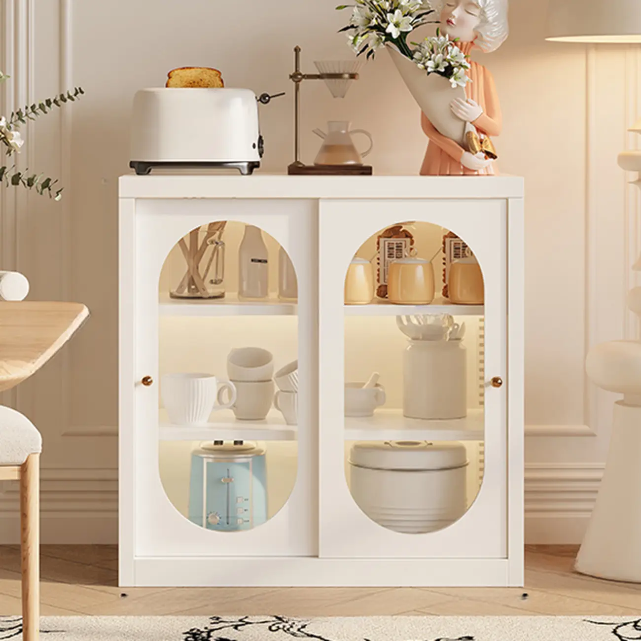 Narrow Green Storage Sideboard with Glass Doors