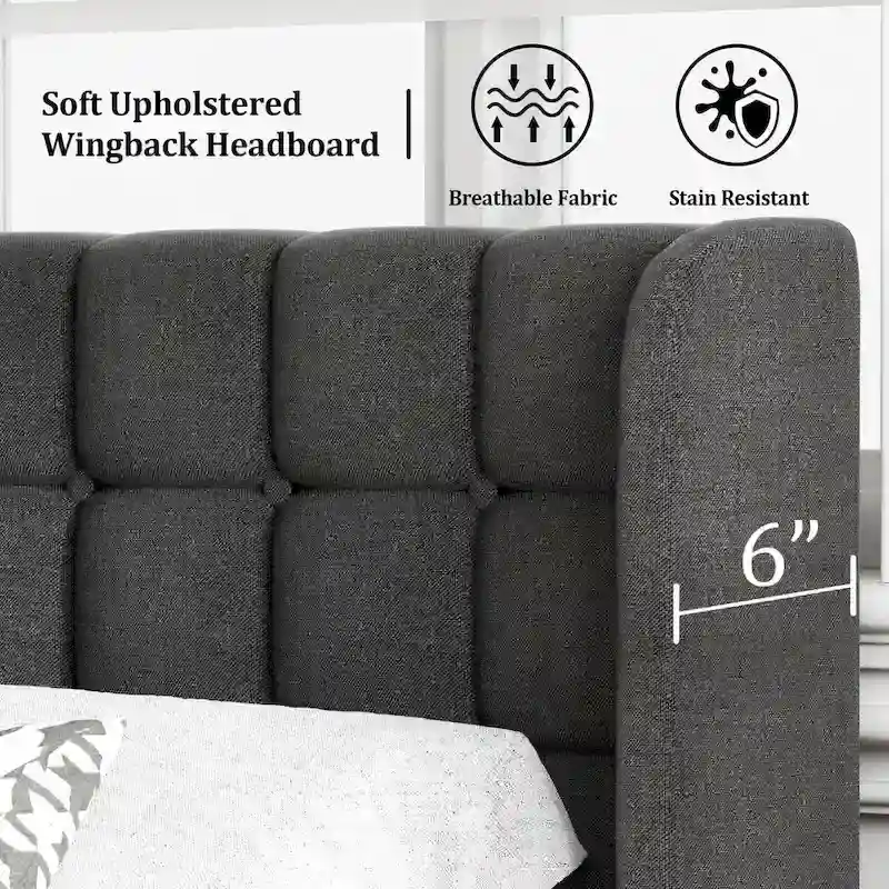 Upholstered Wingback Bed Frame with Wooden Slats
