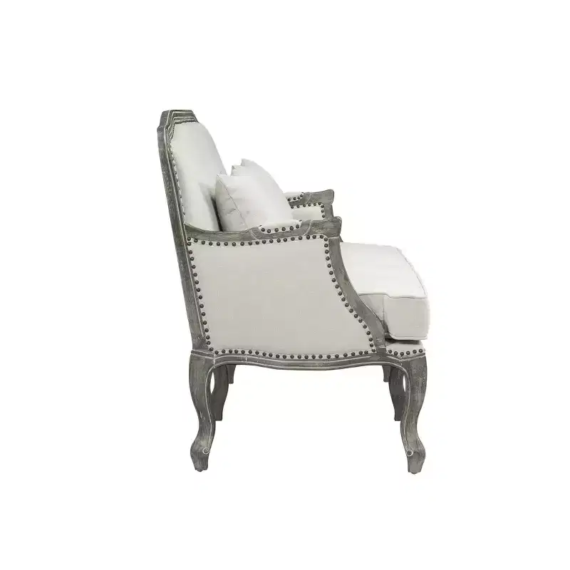 56" Tania Sofas Cream Linen and Brown Finish - Acme Furniture: French Cabriole, Nailhead Trim, No Assembly Required