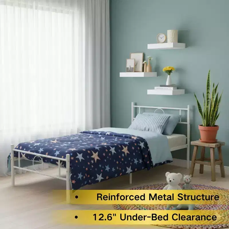 FurnitureR Metal Twin Bed Frame with Headboard + 3 Floating Wall Shelves, Sturdy Steel Platform Bed Set with Storage Space, No Box Spring Needed