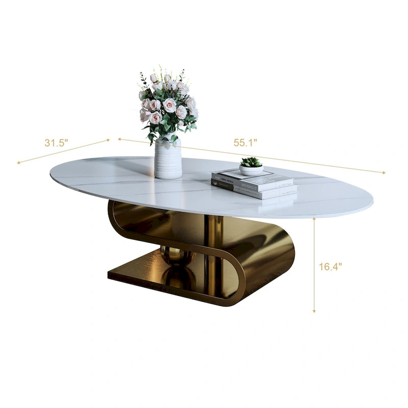 Exquisite Modern Oval Coffee table with white 51L Stone Top and Gold Metal Base