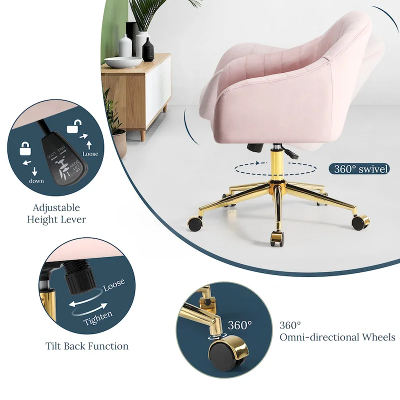 Farrah Velvet Tufted Adjustable Height Swivel Office Vanity Chair with Gold Base