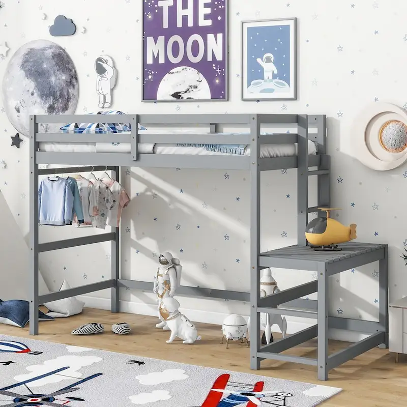 Twin High Loft Bed with Ladder landing Platform, Ladders, Guardrails