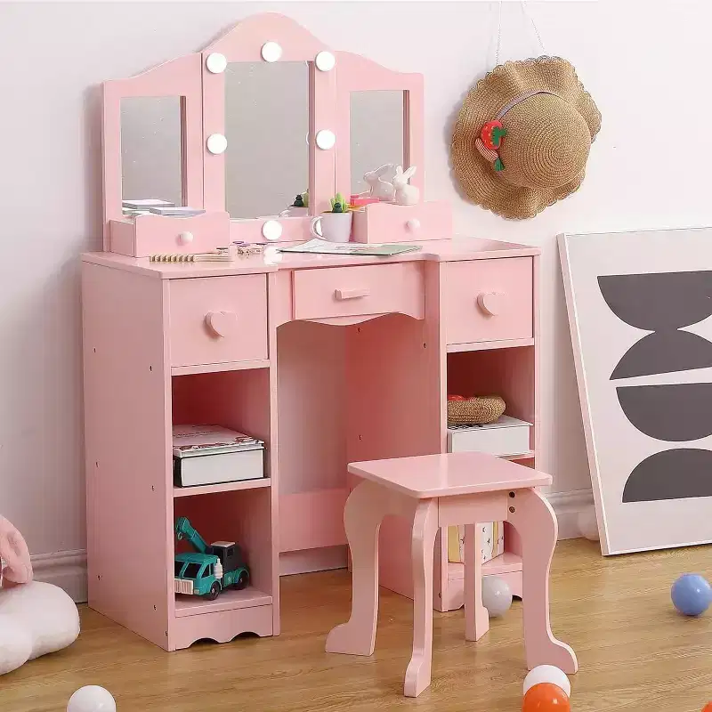Vanity Set with Mirror, 2 in-1 Wooden Toddler Vanity Table with Stool & Drawer