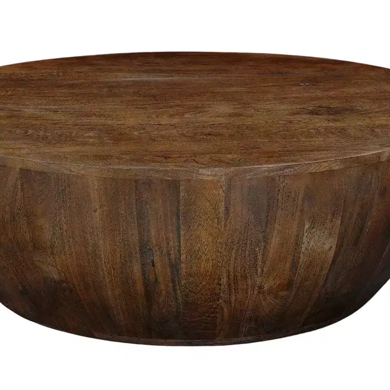 Royal Hampton Coffee Table | 35.5 Round Top | Drum Shaped Sandblasted Walnut Brown Mango Wood