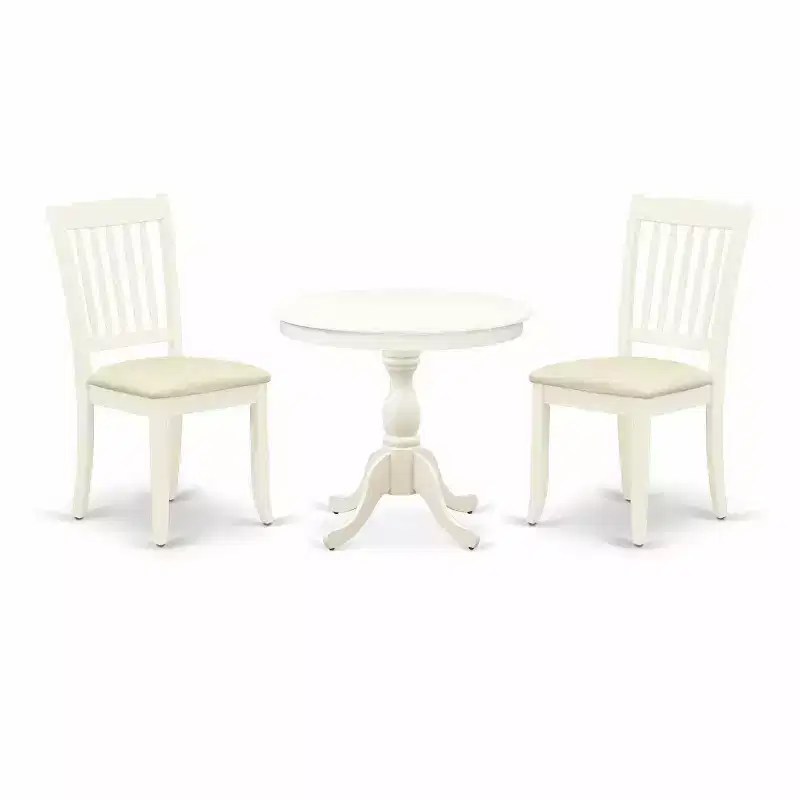 3-Piece Linen White Finish Solid Wood Top - Round Dining Room Set - Seats 4
