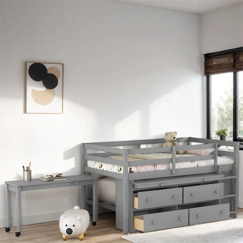 Twin Size Wood Loft Bed with Retractable Writing Desk and 4 Drawers