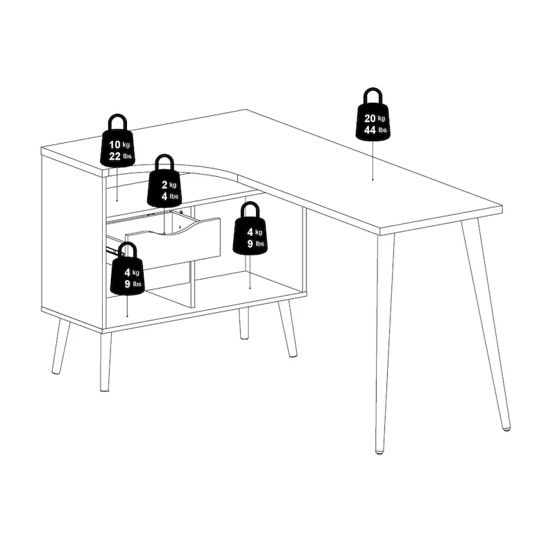 Kristiansund L-Shaped Desk - 2 Drawers, 3 Shelves, Corner Office Desk