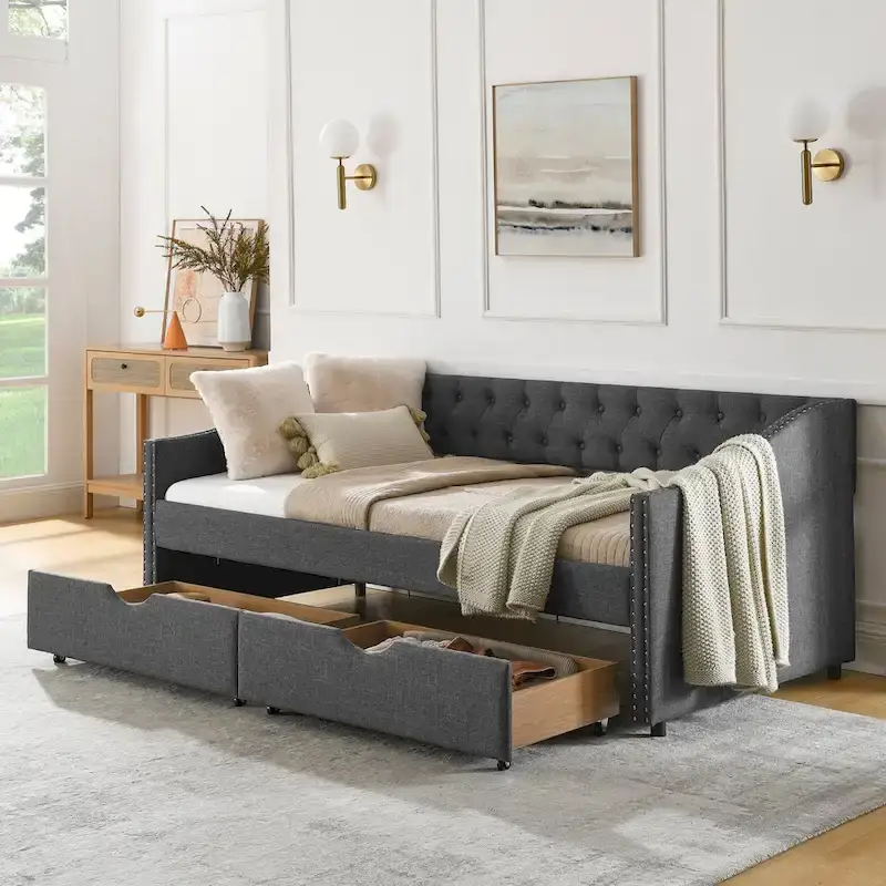 Twin Size Linen Upholstered Daybed with 2 Drawers, Tufted Backrest and Copper Nail Trim