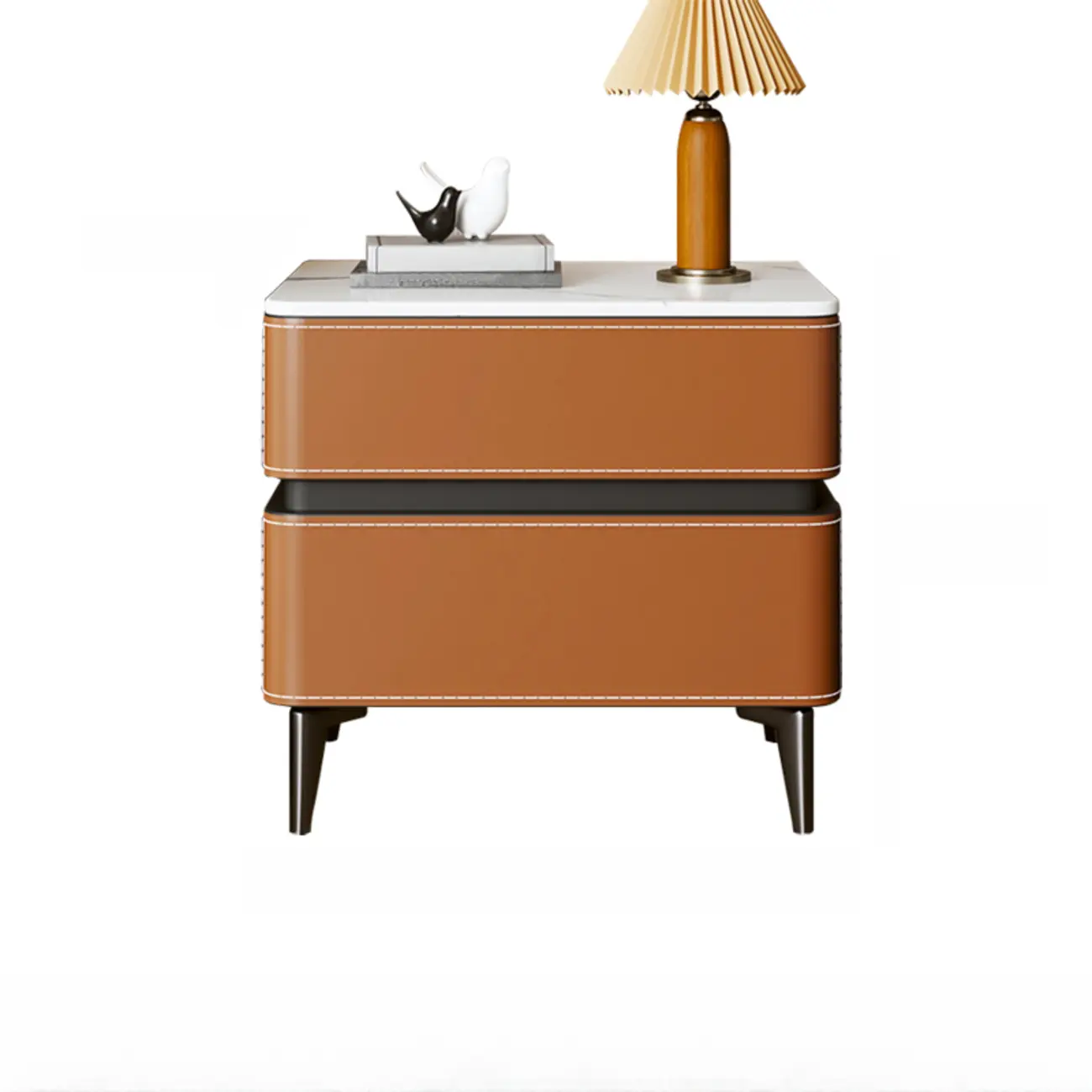 Stylish Faux Marble Leather Drawer Nightstand with Metal Legs