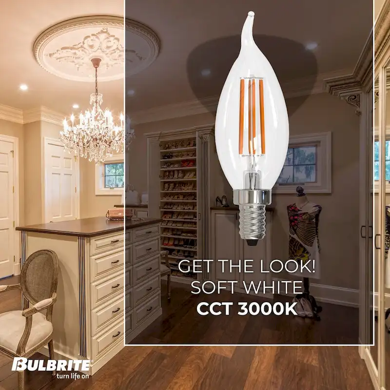 Bulbrite LED Filament Pack of (4) 6.5 Watt Dimmable CA10 Light Bulbs with a Clear Finish and Candelabra (E12) Base