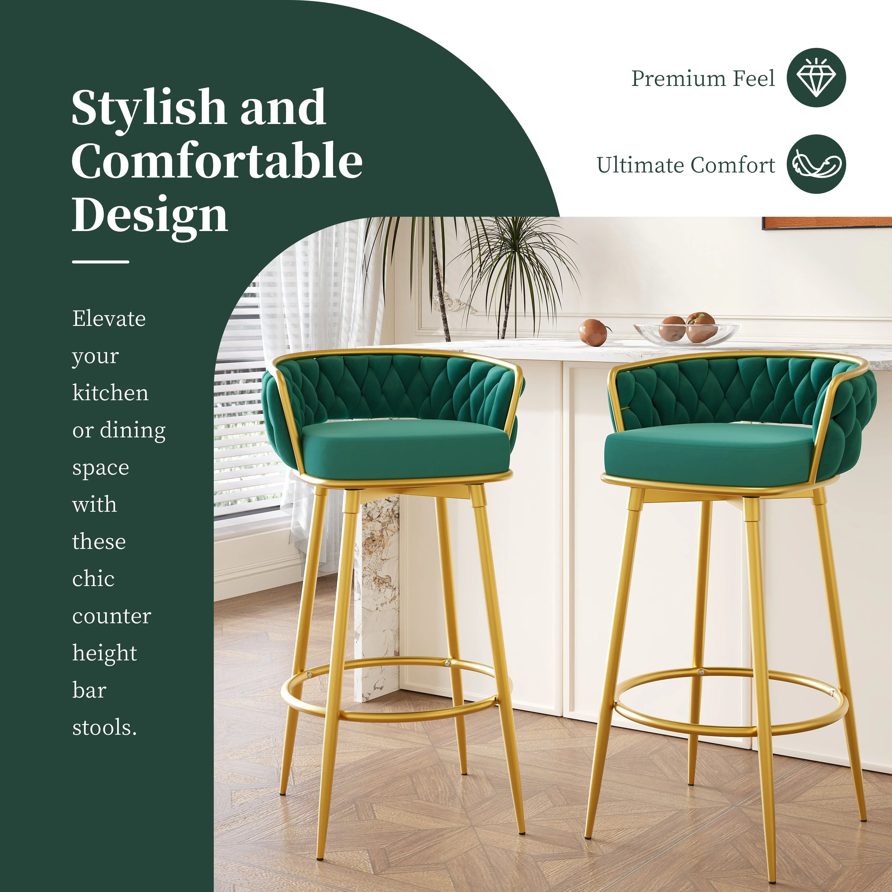 Set of 2 Velvet Swivel Bar Stools 180¡ã Gold Frame w/ Woven Back & Footrest