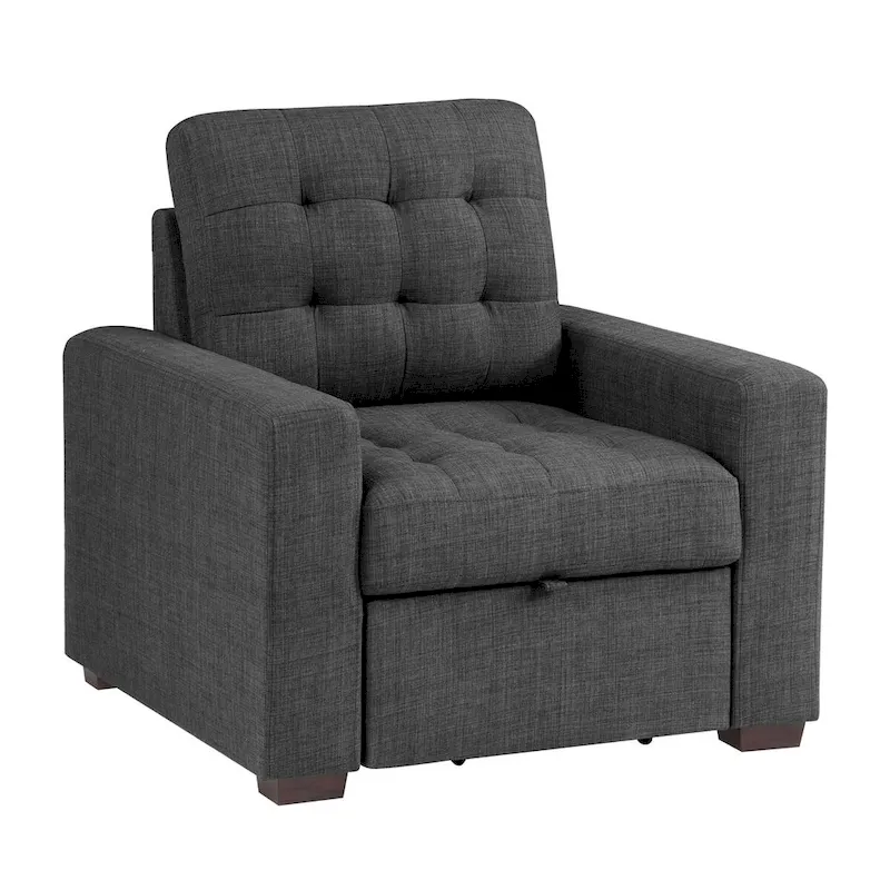 Cliff 37 Inch Chair, Pull Out Ottoman, Dark Gray Polyester, Espresso Wood