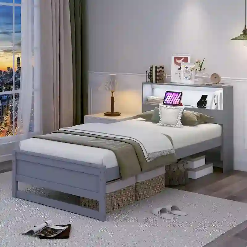 Single Wooden Bed Frame (with Charging Station and LED Lights)