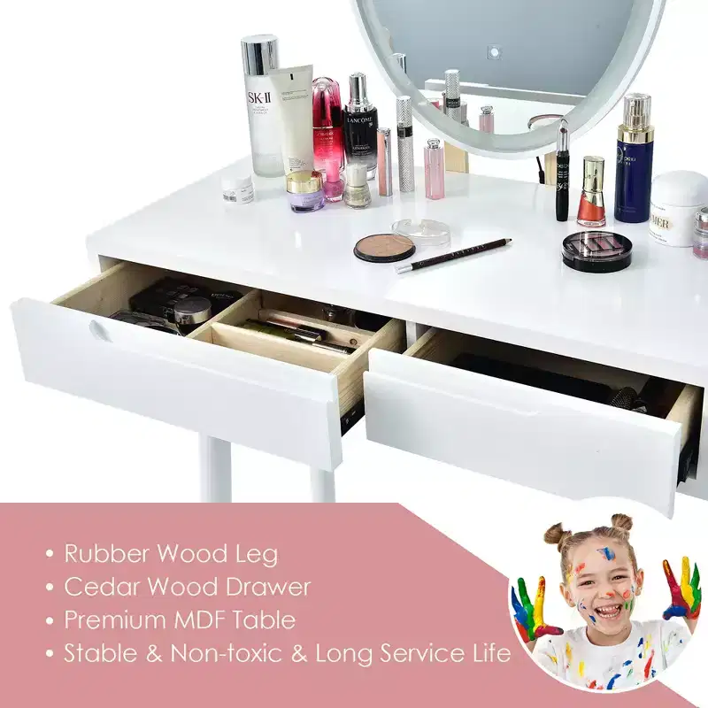Costway Vanity Makeup Table Touch Screen 3 Lighting Modes Dressing Table Stool Set White\Black\ Gray