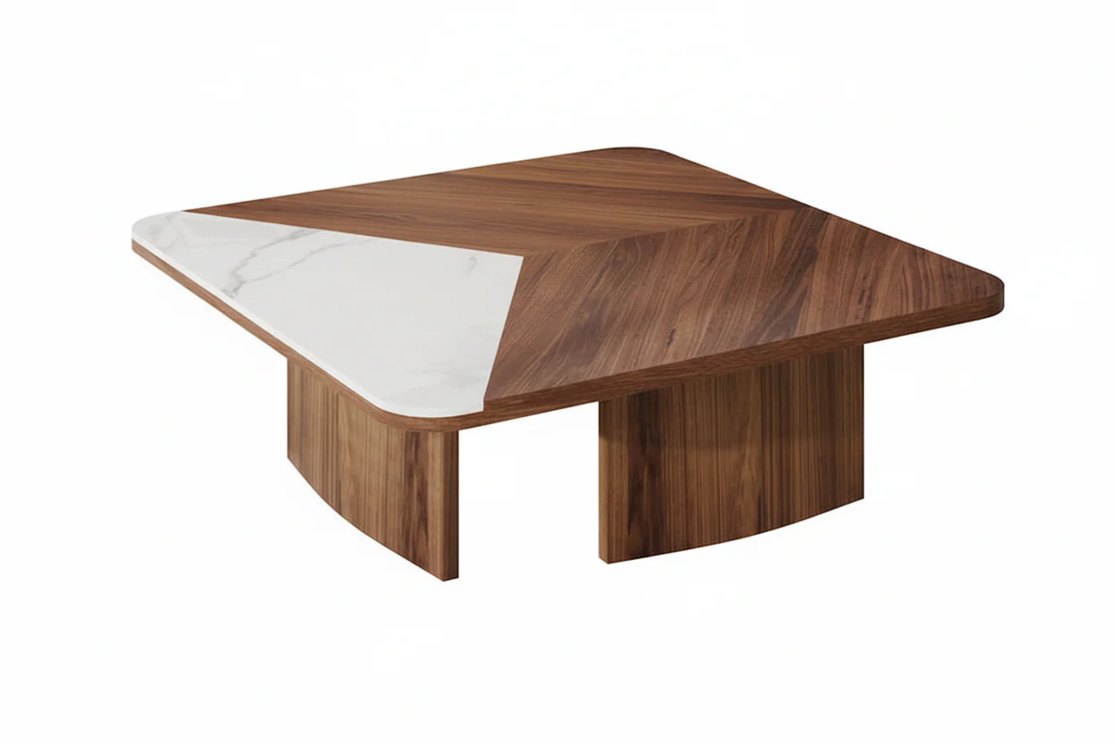 Modern 35.43 Square Coffee Table, Solid Wood Veneer with White Sintered Stone Table Top