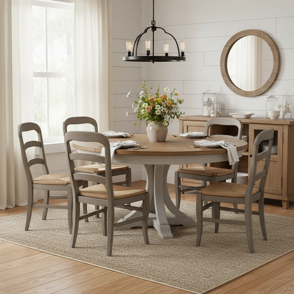Farmhouse Reimagined Antique White 5 Piece Pedestal Table Set