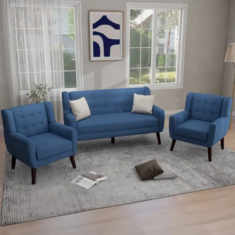 3-Piece Tufted Linen Loveseat & Armchair Set, Beige/Grey/Yellow/Blue/White/Light Blue, Seats 3+